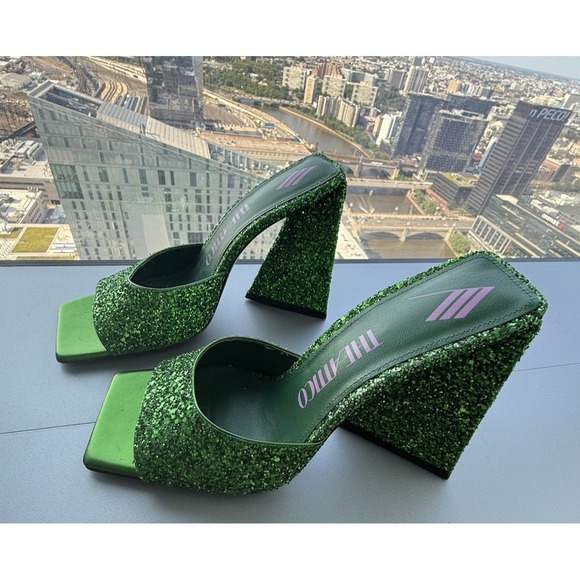 The Attico Shoes - The Attico Size 38 US 8 Luz Green Glitter Sparkle Mule Block Heels EUC $600